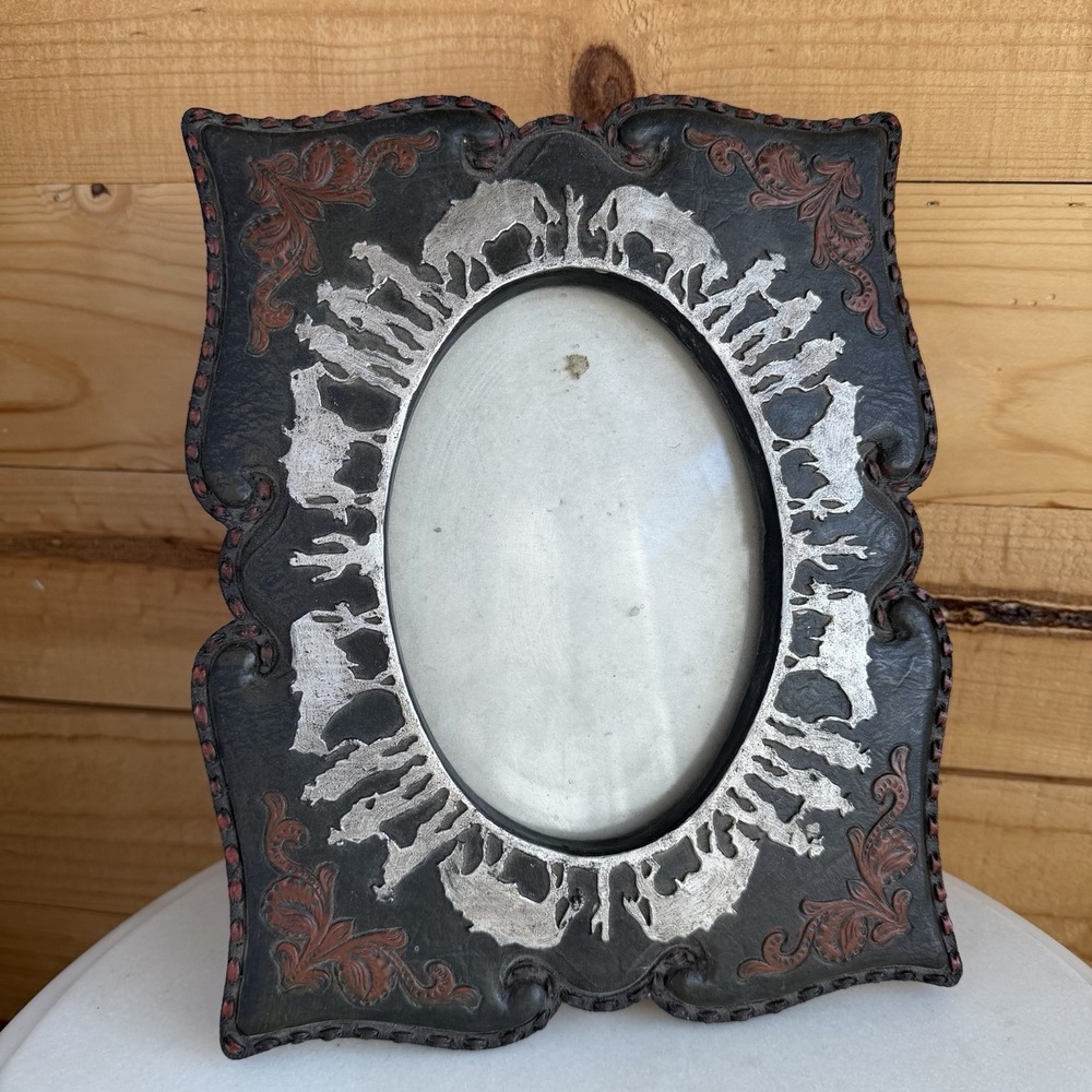 VTG Western Cowboy Picture Frame Rodeo Rustic Ranch Oval Photo